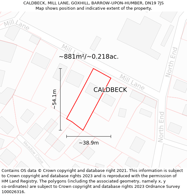 CALDBECK, MILL LANE, GOXHILL, BARROW-UPON-HUMBER, DN19 7JS: Plot and title map