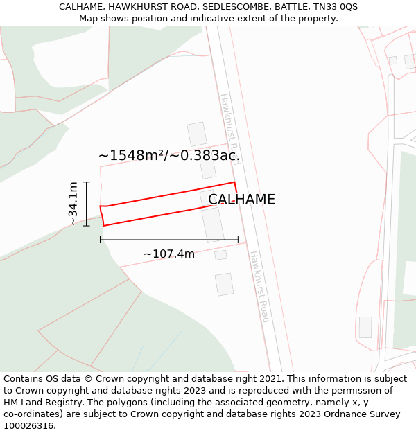 CALHAME, HAWKHURST ROAD, SEDLESCOMBE, BATTLE, TN33 0QS: Plot and title map