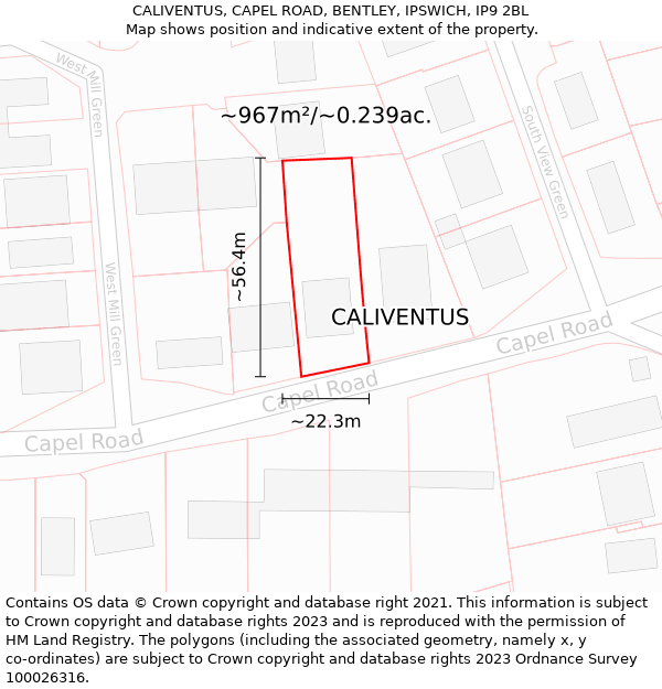 CALIVENTUS, CAPEL ROAD, BENTLEY, IPSWICH, IP9 2BL: Plot and title map