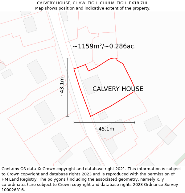 CALVERY HOUSE, CHAWLEIGH, CHULMLEIGH, EX18 7HL: Plot and title map