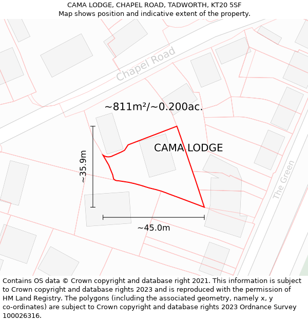 CAMA LODGE, CHAPEL ROAD, TADWORTH, KT20 5SF: Plot and title map