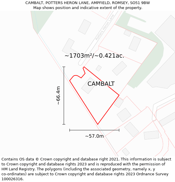 CAMBALT, POTTERS HERON LANE, AMPFIELD, ROMSEY, SO51 9BW: Plot and title map