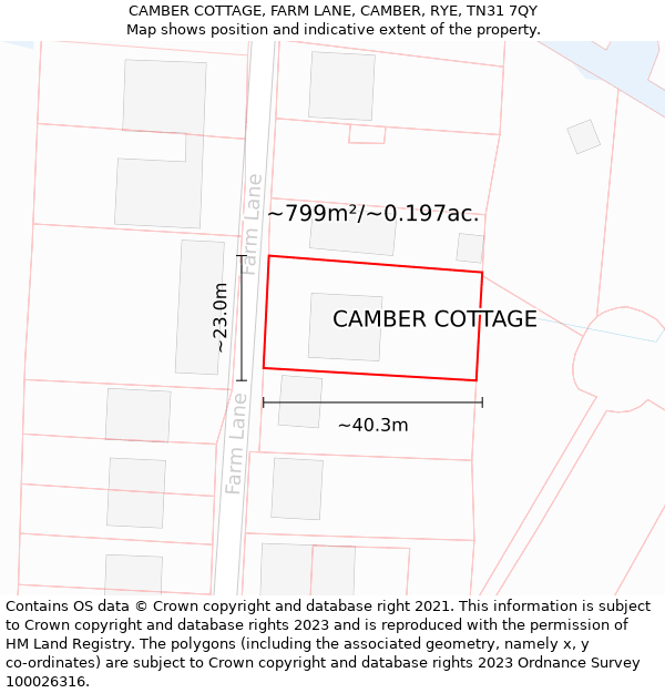 CAMBER COTTAGE, FARM LANE, CAMBER, RYE, TN31 7QY: Plot and title map