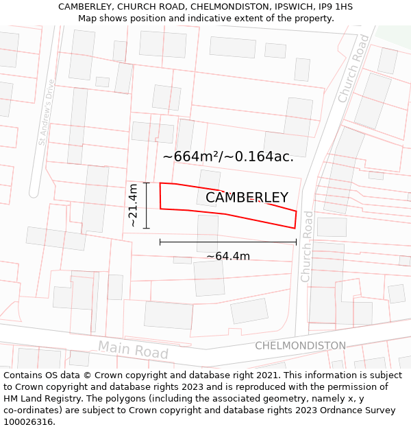 CAMBERLEY, CHURCH ROAD, CHELMONDISTON, IPSWICH, IP9 1HS: Plot and title map
