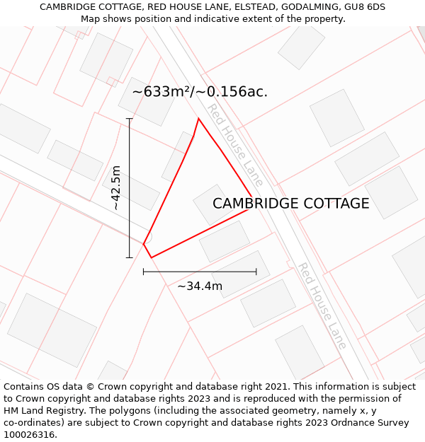 CAMBRIDGE COTTAGE, RED HOUSE LANE, ELSTEAD, GODALMING, GU8 6DS: Plot and title map