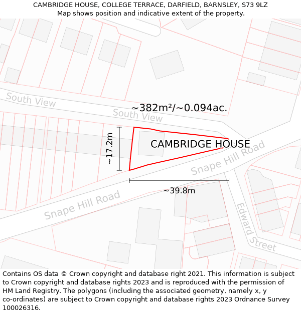 CAMBRIDGE HOUSE, COLLEGE TERRACE, DARFIELD, BARNSLEY, S73 9LZ: Plot and title map