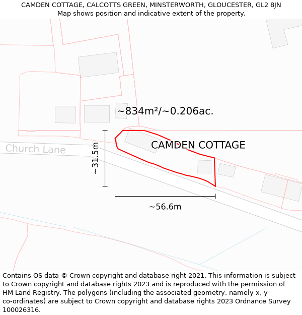 CAMDEN COTTAGE, CALCOTTS GREEN, MINSTERWORTH, GLOUCESTER, GL2 8JN: Plot and title map