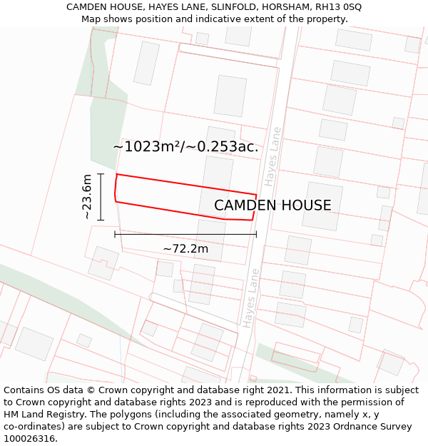 CAMDEN HOUSE, HAYES LANE, SLINFOLD, HORSHAM, RH13 0SQ: Plot and title map