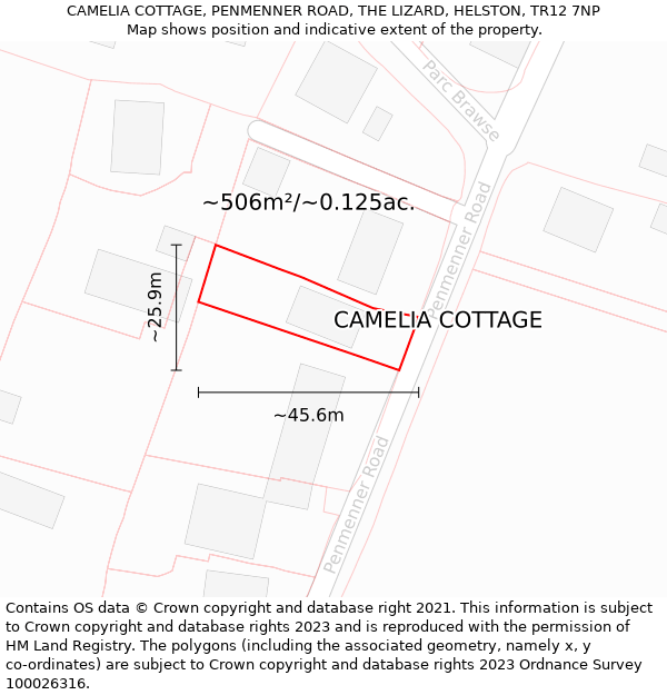 CAMELIA COTTAGE, PENMENNER ROAD, THE LIZARD, HELSTON, TR12 7NP: Plot and title map