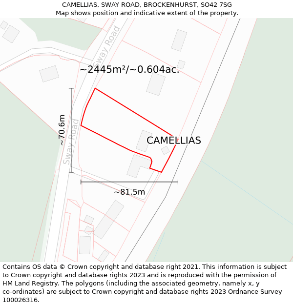 CAMELLIAS, SWAY ROAD, BROCKENHURST, SO42 7SG: Plot and title map