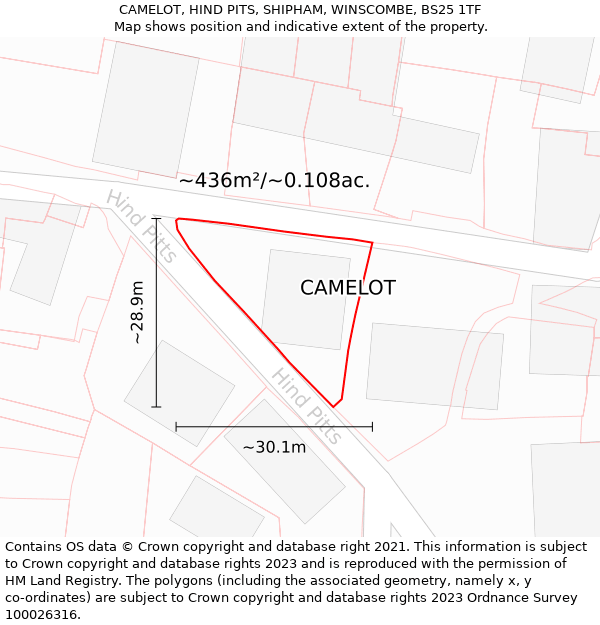 CAMELOT, HIND PITS, SHIPHAM, WINSCOMBE, BS25 1TF: Plot and title map