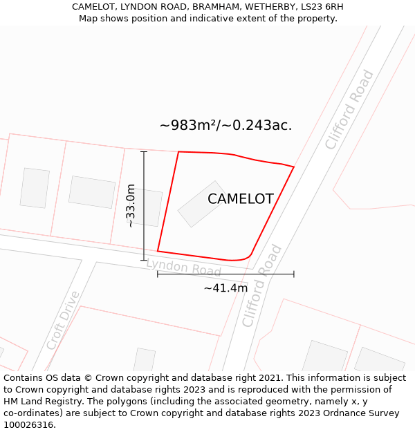 CAMELOT, LYNDON ROAD, BRAMHAM, WETHERBY, LS23 6RH: Plot and title map