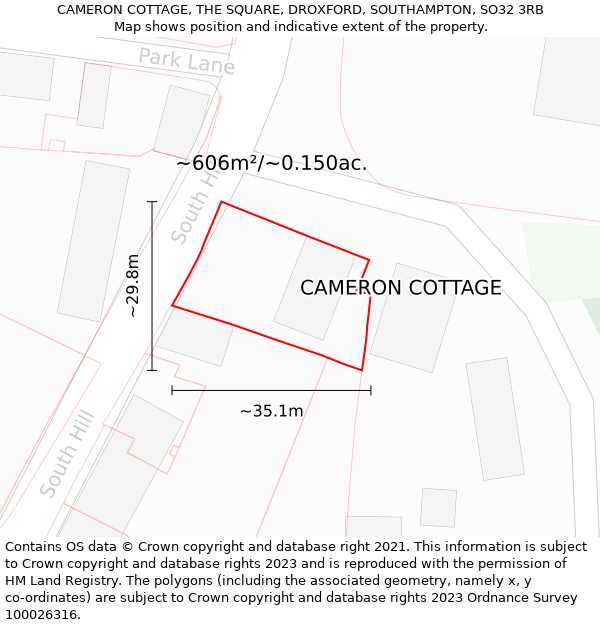 CAMERON COTTAGE, THE SQUARE, DROXFORD, SOUTHAMPTON, SO32 3RB: Plot and title map