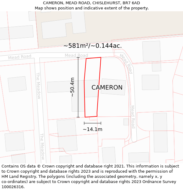 CAMERON, MEAD ROAD, CHISLEHURST, BR7 6AD: Plot and title map