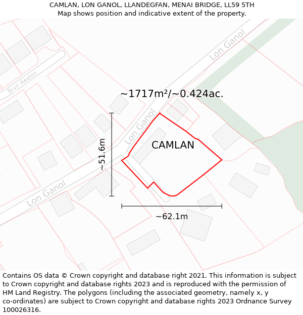 CAMLAN, LON GANOL, LLANDEGFAN, MENAI BRIDGE, LL59 5TH: Plot and title map