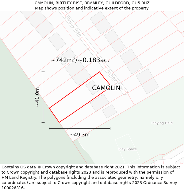 CAMOLIN, BIRTLEY RISE, BRAMLEY, GUILDFORD, GU5 0HZ: Plot and title map