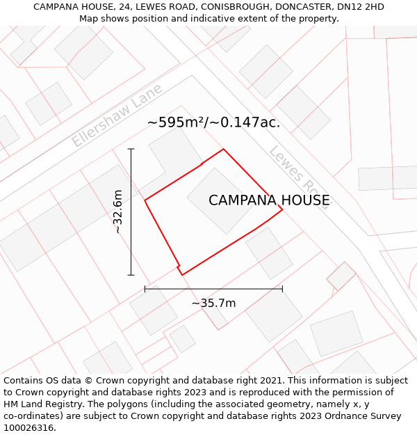 CAMPANA HOUSE, 24, LEWES ROAD, CONISBROUGH, DONCASTER, DN12 2HD: Plot and title map