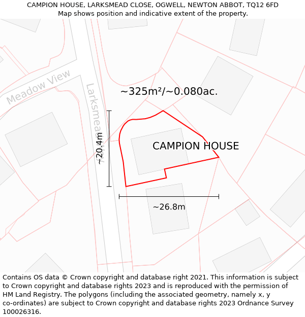 CAMPION HOUSE, LARKSMEAD CLOSE, OGWELL, NEWTON ABBOT, TQ12 6FD: Plot and title map