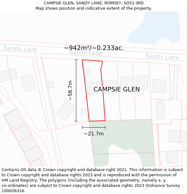 CAMPSIE GLEN, SANDY LANE, ROMSEY, SO51 0PD: Plot and title map