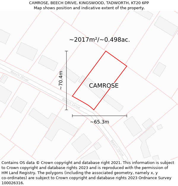 CAMROSE, BEECH DRIVE, KINGSWOOD, TADWORTH, KT20 6PP: Plot and title map