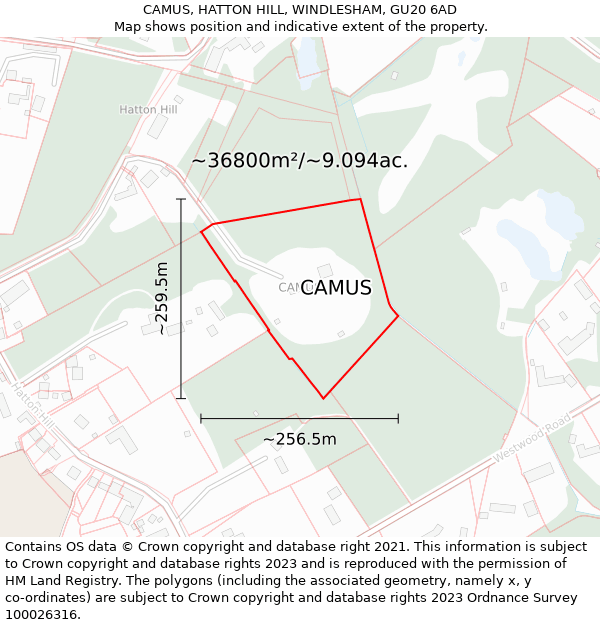 CAMUS, HATTON HILL, WINDLESHAM, GU20 6AD: Plot and title map