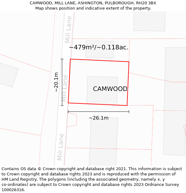 CAMWOOD, MILL LANE, ASHINGTON, PULBOROUGH, RH20 3BX: Plot and title map