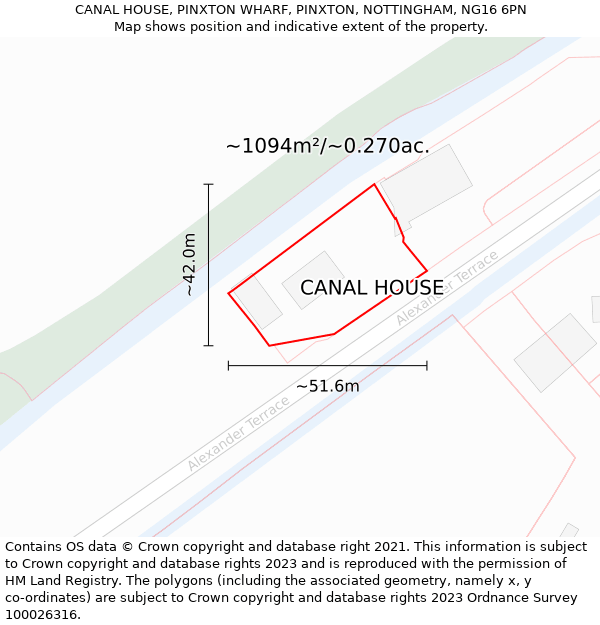CANAL HOUSE, PINXTON WHARF, PINXTON, NOTTINGHAM, NG16 6PN: Plot and title map