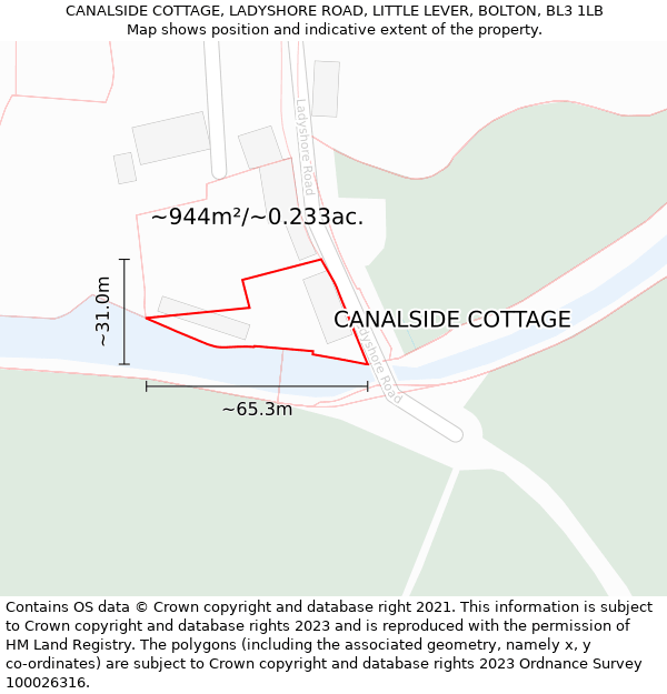 CANALSIDE COTTAGE, LADYSHORE ROAD, LITTLE LEVER, BOLTON, BL3 1LB: Plot and title map