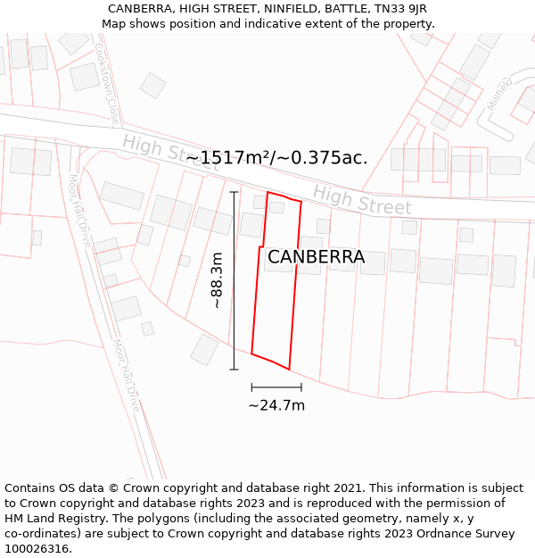 CANBERRA, HIGH STREET, NINFIELD, BATTLE, TN33 9JR: Plot and title map