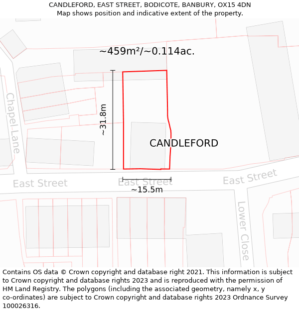 CANDLEFORD, EAST STREET, BODICOTE, BANBURY, OX15 4DN: Plot and title map