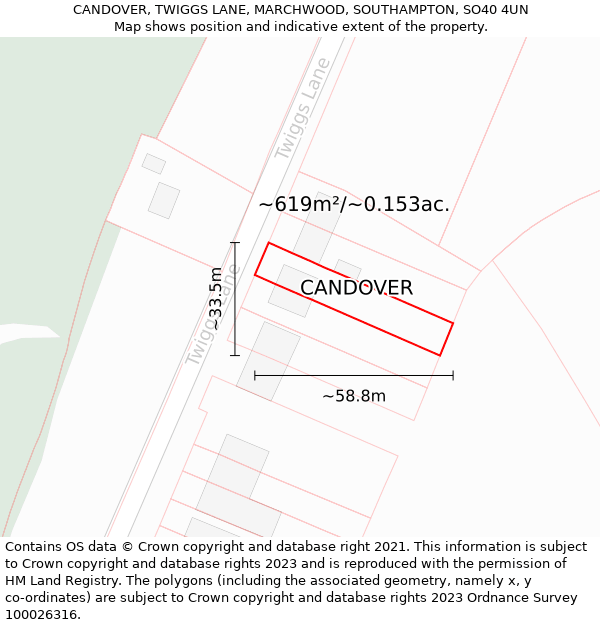 CANDOVER, TWIGGS LANE, MARCHWOOD, SOUTHAMPTON, SO40 4UN: Plot and title map