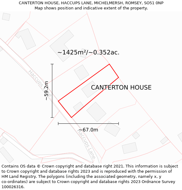 CANTERTON HOUSE, HACCUPS LANE, MICHELMERSH, ROMSEY, SO51 0NP: Plot and title map