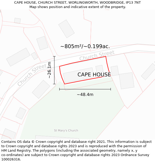CAPE HOUSE, CHURCH STREET, WORLINGWORTH, WOODBRIDGE, IP13 7NT: Plot and title map