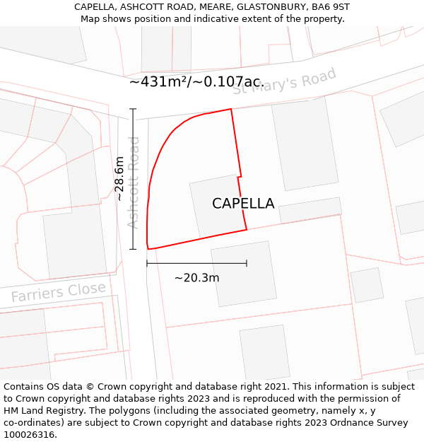 CAPELLA, ASHCOTT ROAD, MEARE, GLASTONBURY, BA6 9ST: Plot and title map