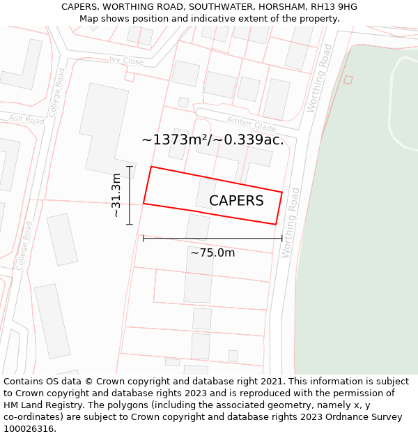 CAPERS, WORTHING ROAD, SOUTHWATER, HORSHAM, RH13 9HG: Plot and title map