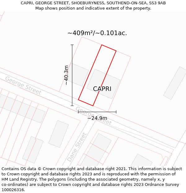 CAPRI, GEORGE STREET, SHOEBURYNESS, SOUTHEND-ON-SEA, SS3 9AB: Plot and title map