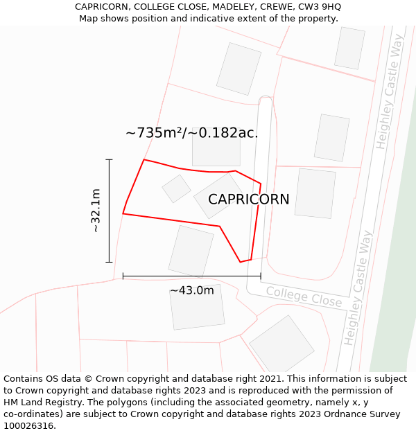 CAPRICORN, COLLEGE CLOSE, MADELEY, CREWE, CW3 9HQ: Plot and title map