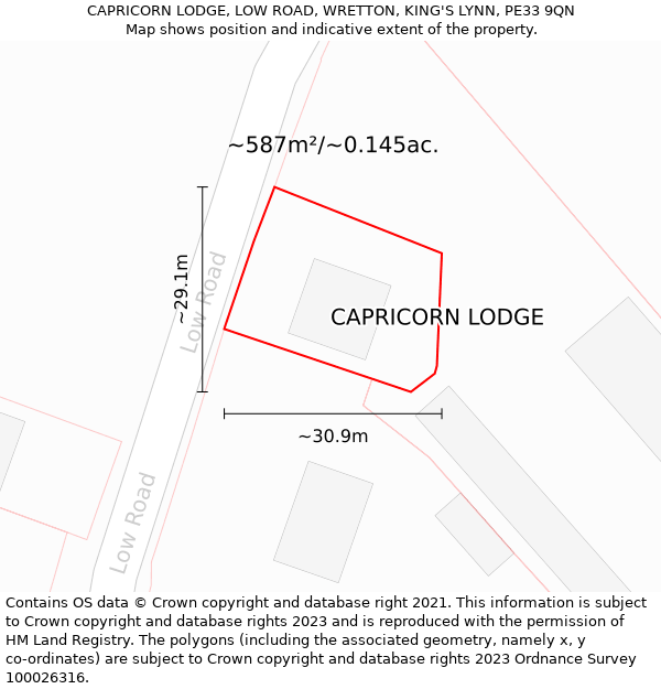 CAPRICORN LODGE, LOW ROAD, WRETTON, KING'S LYNN, PE33 9QN: Plot and title map