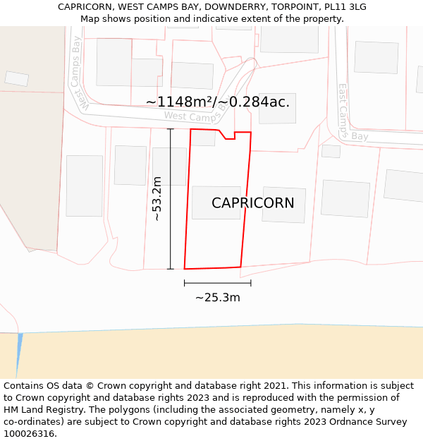 CAPRICORN, WEST CAMPS BAY, DOWNDERRY, TORPOINT, PL11 3LG: Plot and title map