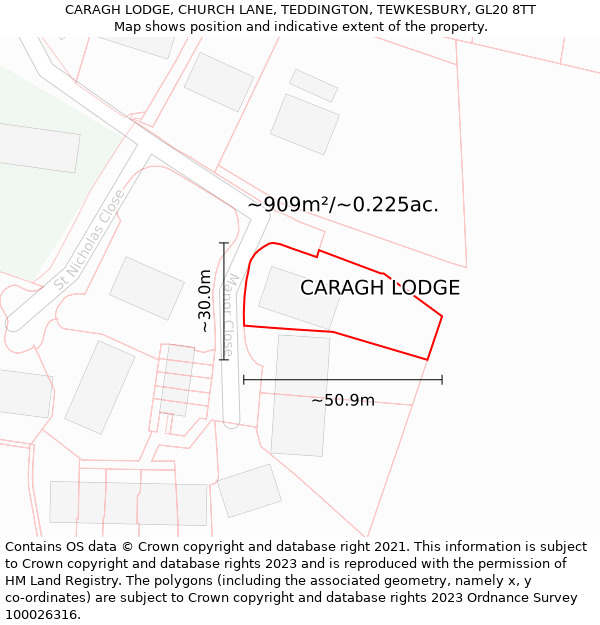 CARAGH LODGE, CHURCH LANE, TEDDINGTON, TEWKESBURY, GL20 8TT: Plot and title map