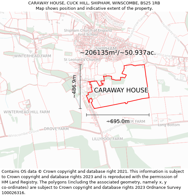 CARAWAY HOUSE, CUCK HILL, SHIPHAM, WINSCOMBE, BS25 1RB: Plot and title map