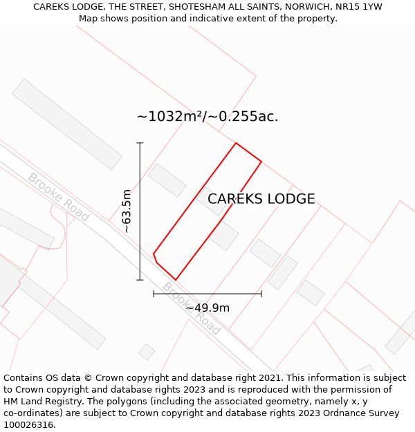 CAREKS LODGE, THE STREET, SHOTESHAM ALL SAINTS, NORWICH, NR15 1YW: Plot and title map