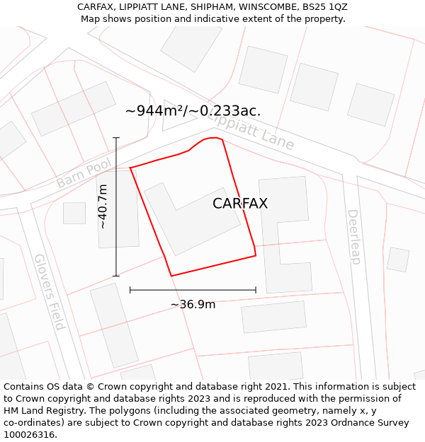 CARFAX, LIPPIATT LANE, SHIPHAM, WINSCOMBE, BS25 1QZ: Plot and title map