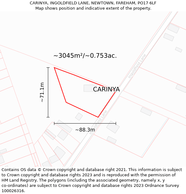 CARINYA, INGOLDFIELD LANE, NEWTOWN, FAREHAM, PO17 6LF: Plot and title map