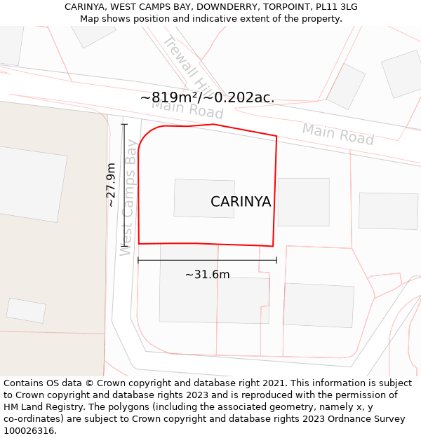 CARINYA, WEST CAMPS BAY, DOWNDERRY, TORPOINT, PL11 3LG: Plot and title map