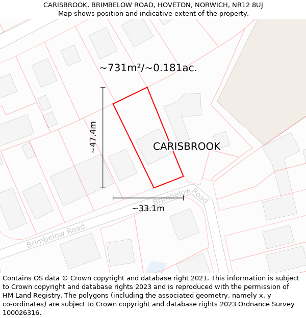 CARISBROOK, BRIMBELOW ROAD, HOVETON, NORWICH, NR12 8UJ: Plot and title map