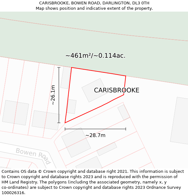 CARISBROOKE, BOWEN ROAD, DARLINGTON, DL3 0TH: Plot and title map