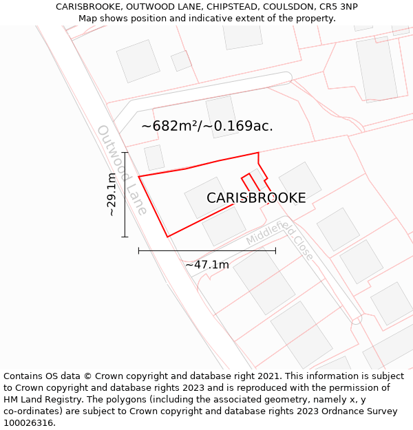 CARISBROOKE, OUTWOOD LANE, CHIPSTEAD, COULSDON, CR5 3NP: Plot and title map