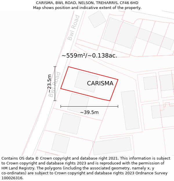 CARISMA, BWL ROAD, NELSON, TREHARRIS, CF46 6HD: Plot and title map