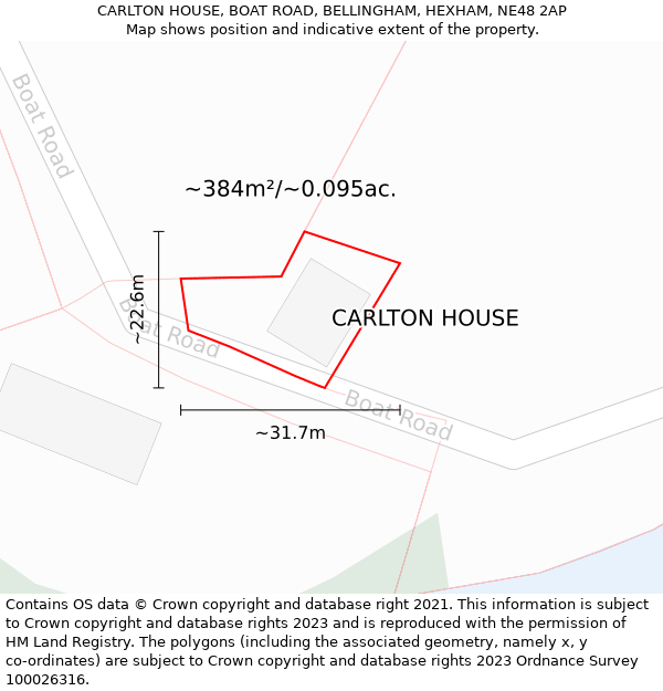 CARLTON HOUSE, BOAT ROAD, BELLINGHAM, HEXHAM, NE48 2AP: Plot and title map